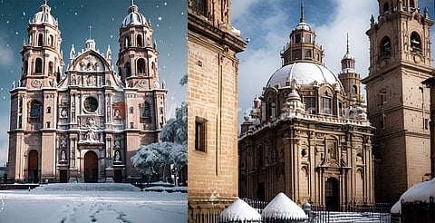 Catedral de Morelia con nieve, imagen generada con META AI