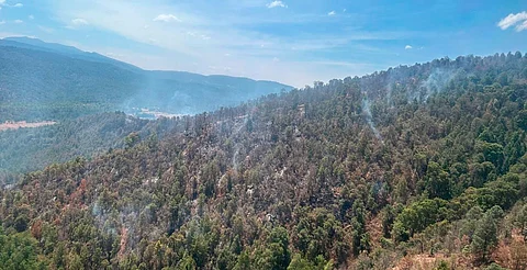 Con ayuda de helicóptero con helibalde apagan incendio forestal en Queréndaro