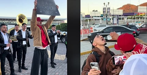 Michoacano recibe con banda y "trago" a amigos en terminal de Morelia