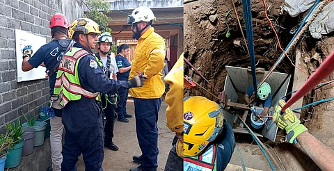 Rescata a 2 personas atrapadas en pozo de agua en construcción, en Opopeo