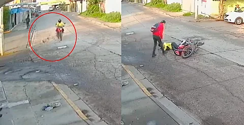 ¡Agárrenlo! Perrito choca contra moto, provoca accidente y huye corriendo, en Uruapan
