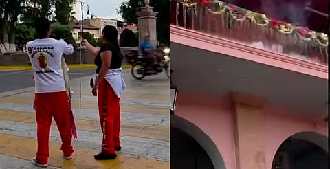 VIDEO: cohetón de peregrinos se desvía y estalla en balcón del Palacio de Apatzingán