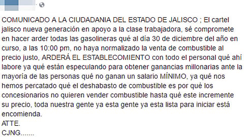 El mensaje está supuestamente firmado por el CJNG (Foto: Captura Facebook)