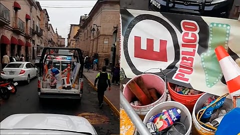 Los principales objetos utilizados para evitar que alguien se estacione, sobre todo en comercios y hoteles son: tambos, conos, cajas bolsas con basura, letreros, garrafones e incluso mamparas de los propios comercios
(Foto: Especial/Facebook: Policía de Morelia)