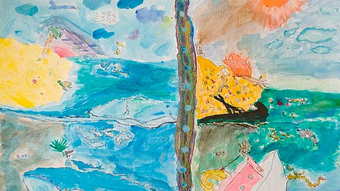 Iker Sebastián Ferreira Rangel, de 9 años de edad, de Zinapécuaro, con la obra “El mar al atardecer y los animales felices”, quien obtuvo el primer lugar (Imagen Cortesía)
