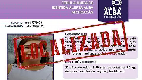 Durante las tareas de inteligencia e investigación de campo, el personal ubicó a la joven, quien ya se encuentra con su familia (Foto facebook Alerta Alba Michoacán)