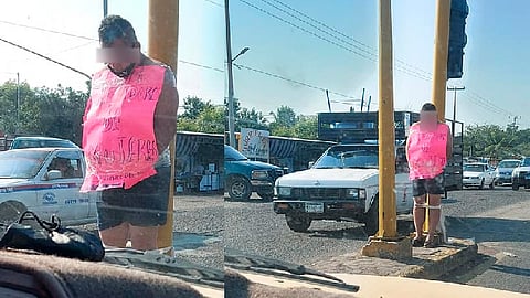 El hombre permanece atado a un semáforo de la avenida principal de Nueva Italia (Foto FB: Paloma Aviña)