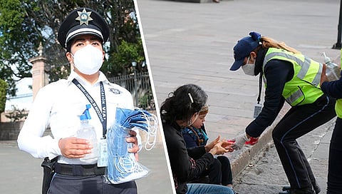 Asimismo, los uniformados realizan la dispersión de gel antibacterial y entrega de cubrebocas (Foto Cortesía)