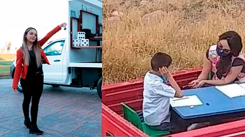 Maestra recibe camioneta para continuar sus clases (Foto Twitter: @Nissan_mx)