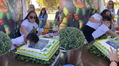 Niño explota contra su tía por empujarlo a pastel de cumpleaños