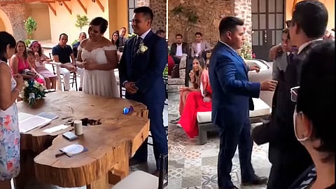 Al escuchar la pregunta, el novio se aleja de la mesa para unirse a su grupo de amigos (Foto: captura FB/ Sinaloa Música)