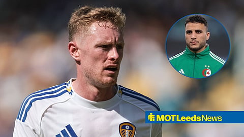 Sean Longstaff in action for Leeds United with Yacine Titraoui in circular inset