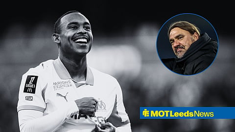 Igor Paixao in action for Marseille, Daniel Farke of Leeds United looking happy.