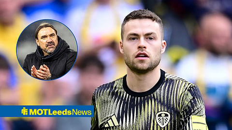 Gabriel Gudmundsson in Leeds warm-up gear and Daniel Farke happy in inset.