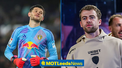 Illan Meslier and Patrick Bamford looking on straightfaced in image split