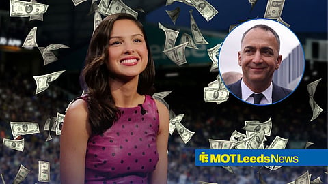 Pop superstar Olivia Rodrigo with money behind her, Leeds United chief Paraag Marathe in circular frame inset.