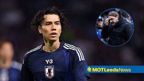 Ao Tanaka in action for Japan, Leeds United boss Daniel Farke looking sad.
