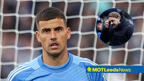 Leeds United star Karl Darlow in action, Daniel Farke miserable in inset.