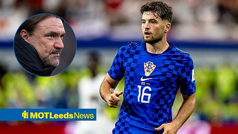Martin Baturina in action for Croatia in their World Cup match against England, looking at a circular inset of Daniel Farke.