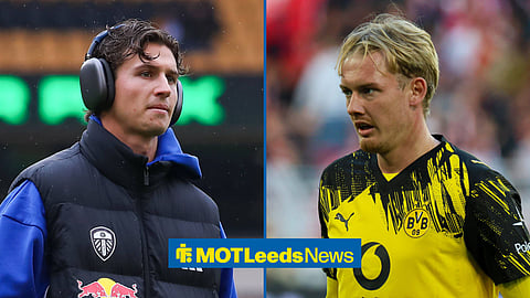 Brenden Aaronson in a Leeds United Gillette and Borussia Dortmund's Julian Brandt in action.