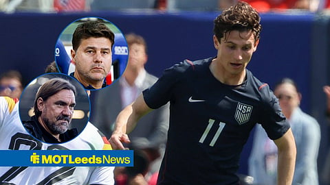 Leeds United head coach Daniel Farke is looking at Brenden Aaronson, who is in action during a USA friendly match against Germany, with Mauricio Pochettino also present in circular inset.