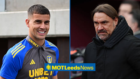 Karl Darlow warming up for Leeds, with Daniel Farke alongside him in a split image