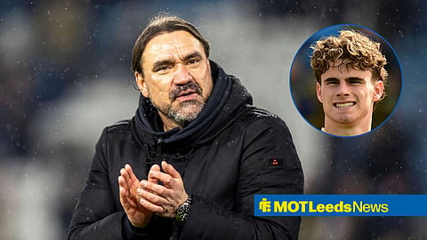 Main image of Daniel Farke clapping the fans in the rain after a Leeds United game and Harry Gray's smiling face in a circular inset on the right