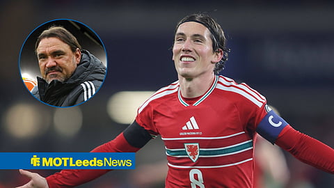 Harry Wilson celebrates scoring for Wales, with Daniel Farke in a circular frame inset
