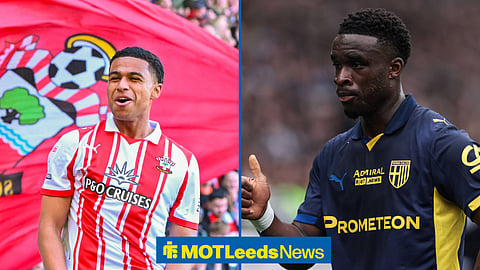 Shea Charles celebrating at Southampton with Parma's Mandela Keita in image split with thumbs up