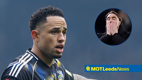 Noah Okafor in action for Leeds United, Daniel Farke in inset