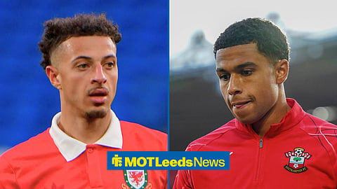 Split image of Leeds United midfielder Ethan Ampadu looking on in a game for Wales and Shea Charles warming up before a Southampton game