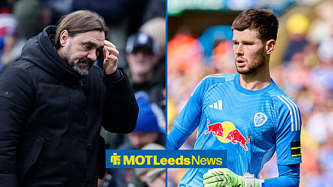 Daniel Farke looking stressed and Illan Meslier in action for Leeds United