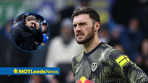 Leeds United goalkeeper Lucas Perri and Daniel Farke in inset