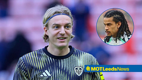 Main image of Sebastiaan Bornauw smiling while training at Leeds United and Isaac Schmidt's face in the circular inset on the right