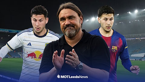 Roony Bardghji in a Leeds top and a Barcelona top, with Daniel Farke applauding in the middle