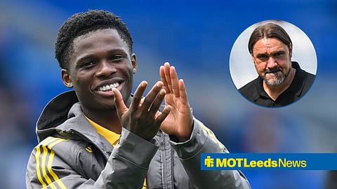 Largie Ramazani smiling and applauding, with Daniel Farke in a circular frame inset