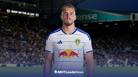 Ermedin Demirovic in a Leeds United home kit, with Elland Road behind him