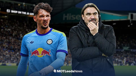 James Trafford in a Leeds United kit, with Daniel Farke alongside him and Elland Road in the background
