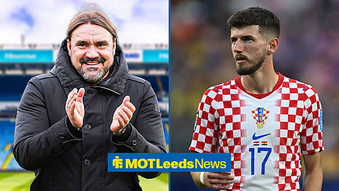 Daniel Farke applauding on the left, with Petar Sucic playing for Croatia on the right