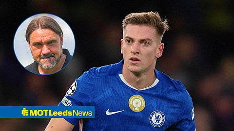 Main image of Liam Delap staring on while playing for Chelsea and Leeds United manager Daniel Farke's face in a circular inset frame on the left