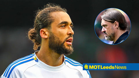 Main image of Dominic Calvert-Lewin looking on while playing for Leeds United and Daniel Farke's face in a circular inset on the right