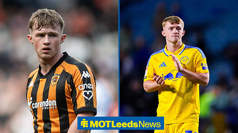 Joe Gelhardt in 25/26 Hull City home kit in image split with Gelhardt in 24/25 Leeds United away kit