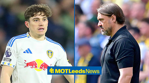 Split image of Daniel James in action for Leeds United and Daniel Farke looking on while managing Leeds from the sildeines