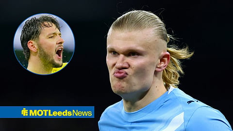 Main image of Erling Haaland playing for Manchester City and Leeds United goalkeeper James Trafford's face in a circular inset on the left