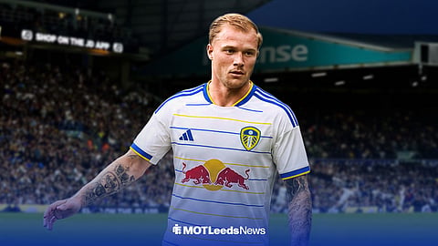 Melvin Bard looking right in Leeds United 26/27 home kit ahead of Elland Road