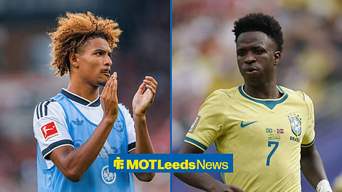 Split image of new Leeds United signing Jean-Matteo Bahoya and Vinicius Junior playing for Brazil
