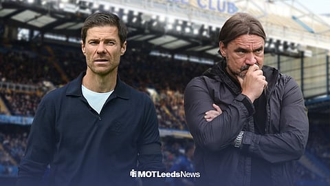 Xabi Alonso looking straight with concerned Daniel Farke ahead of Stamford Bridge background