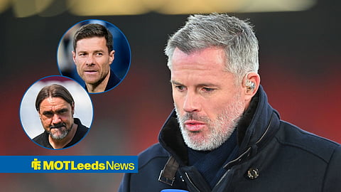 Jamie Carragher working as a pundit, with Xabi Alonso and Daniel Farke in circular frames inset