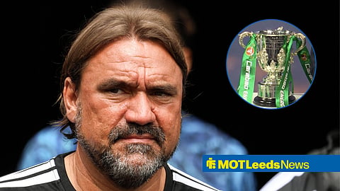 Leeds boss Daniel Farke, with the Carabao Cup trophy in a circular frame inset