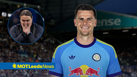 A downbeat Daniel Farke pitchside at Elland Road for Leeds United and Michael Zetterer in a Leeds shirt.